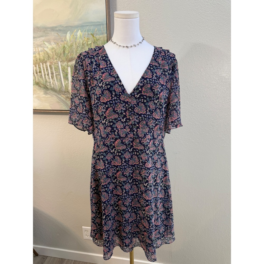 Navy‎ Floral Chiffon V-Neck Flutter Sleeve Mini Dress Size 14